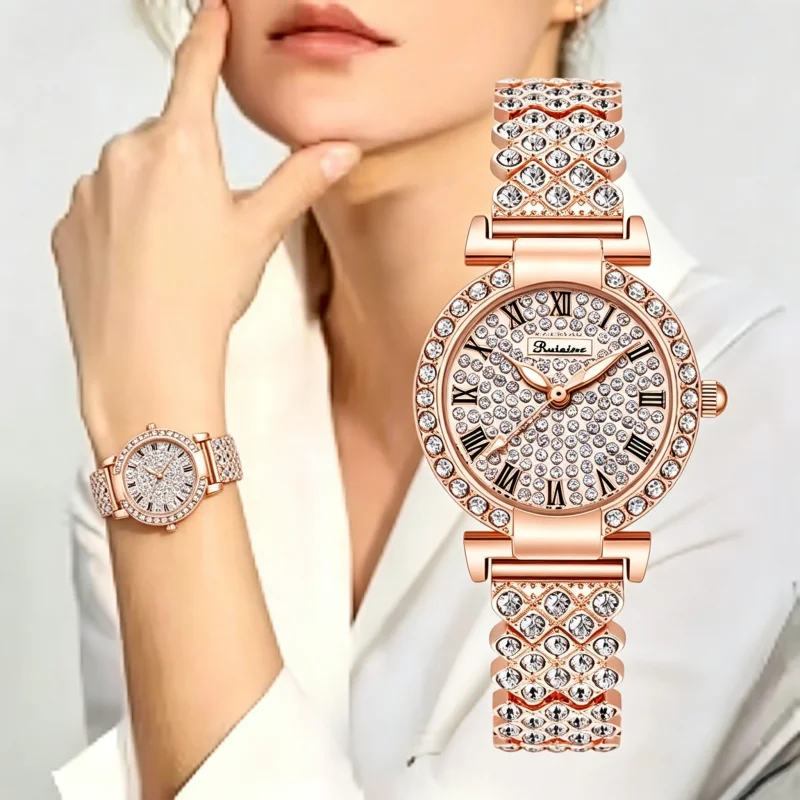 RUIXINE Fashion Women Rose Gold Quartz Watch Bling Crystal Encrusted Bracelet Wristwatch Elegant Luxury Dress Watch for Daily