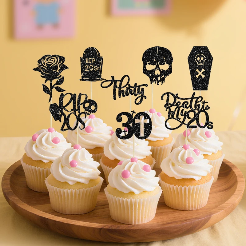 YOMDID 24 Stück Cupcake-Topper zum 30. Geburtstag, glitzernd, mit den Aufschriften „Death To My 20S“ und „Rip 20S“, Kuchenaufsätze zum 30. Geburtstag, Kucheneinsatzspieße