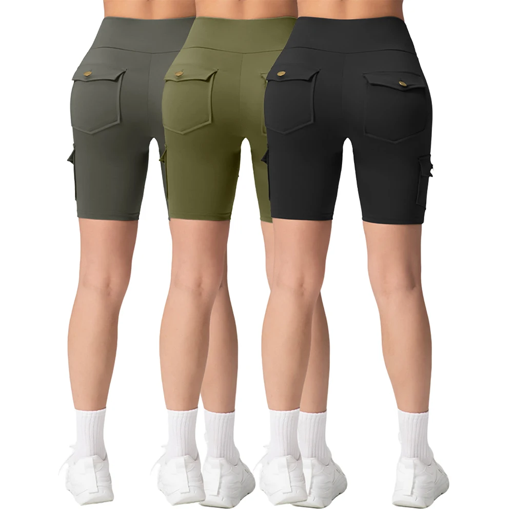 Shorts pour femmes avec poches utilitaires, collants de Fitness de couleur unie, pour Jogging en plein air, vêtements de sport élastiques respirants