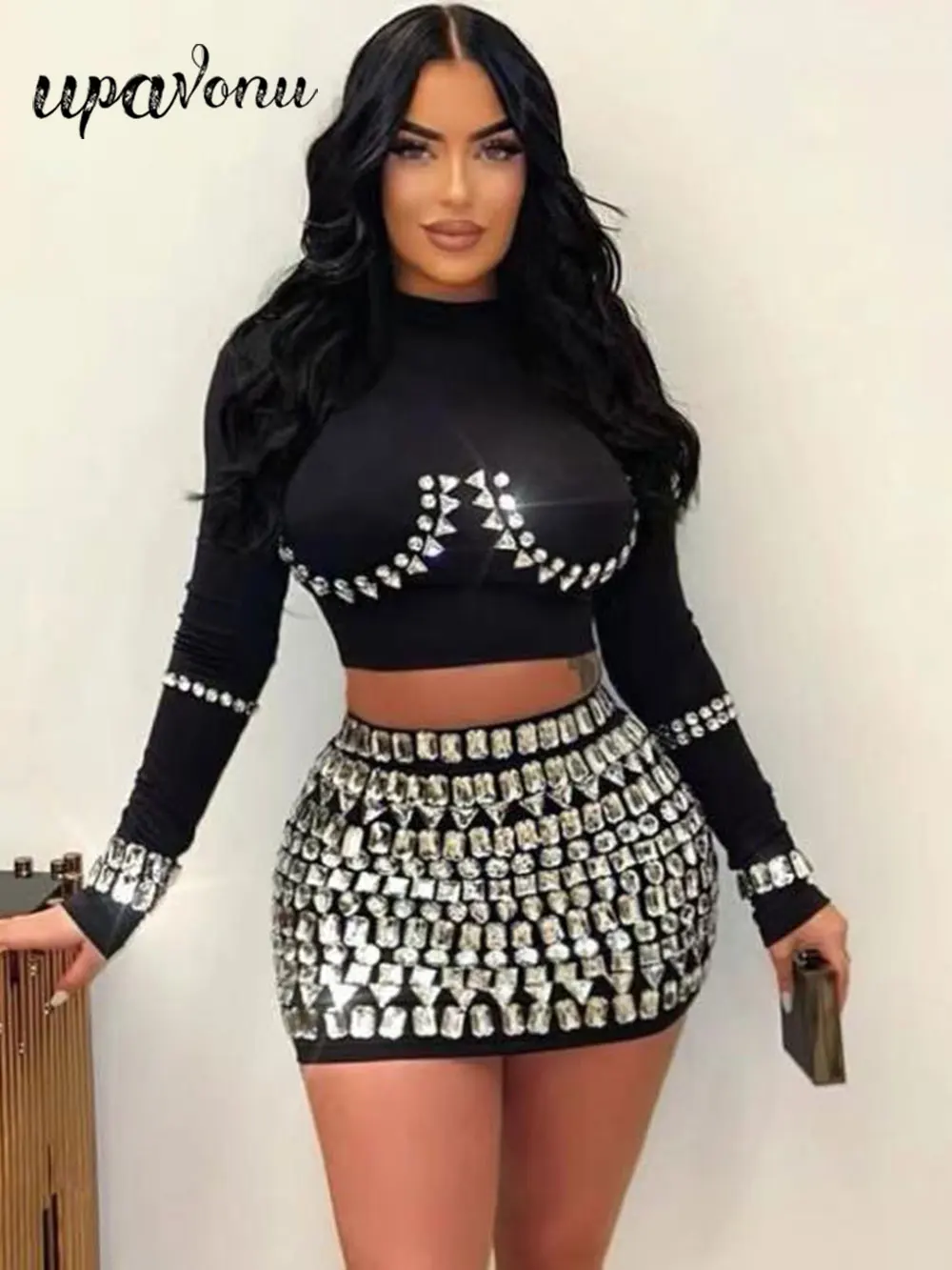 2024 Elegant Women Light Luxury Bead Design Bandage Short Skirt Set O-neck Long Sleeve Hoodie Short Top+Mini Skirt Two piece Set