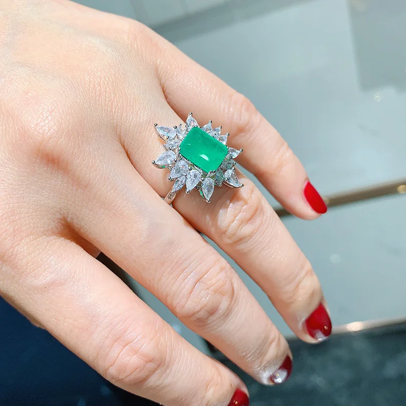 brand genuine Luxury real jewels Temperament simulation palaiba female square emerald zircon ring set high quality