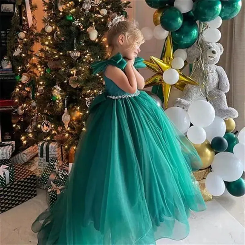 

Elegance Green Fluffy Bow Flower Girl Dress Kids Princess Lace Backless Floor Length Wedding Fold Ruffles Tulle Ball Gown Prom