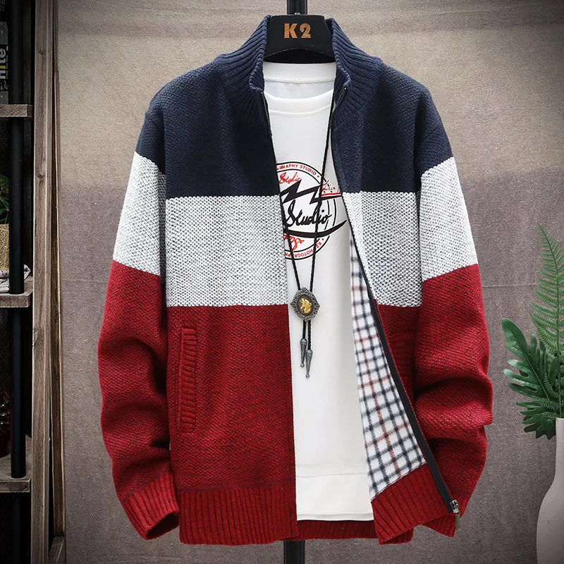 Autumn Winter Cardigan Men Fleece Zipper Knitted Sweaters Velvet Contrast Striped Sweater Coats Male Casual Jackets Warm Jumpers