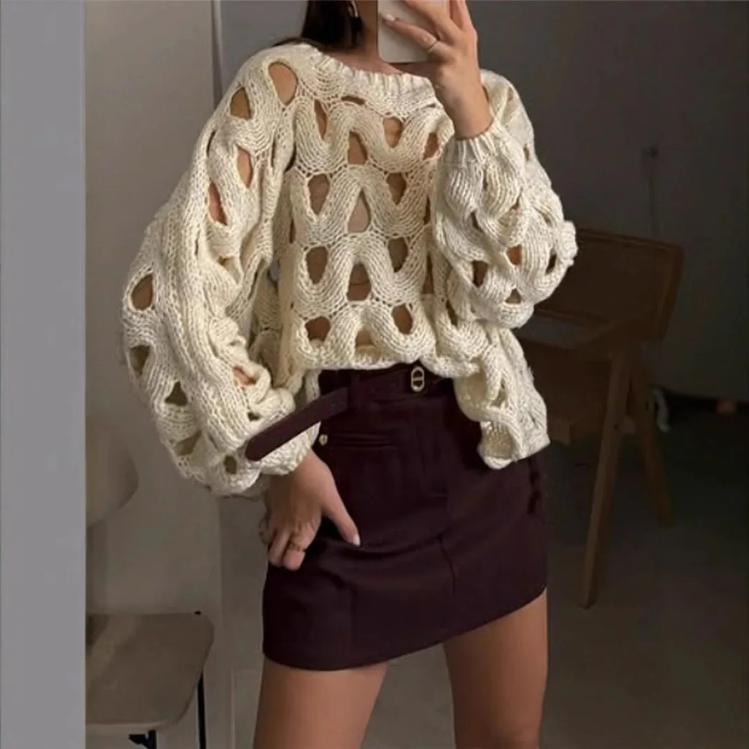 Otoño casual suéter pulóver mujer elegante cuello redondo manga larga blusa suelta 2025 moda de invierno Crochet ahueca hacia fuera Tops de punto