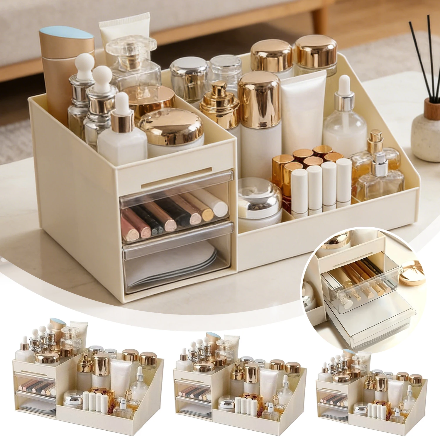 

Large Capacity Makeup Brush Organizer Transparent Cosmetic Display Case Desk Storage Box with Clear Drawers for Bathroom Desktop