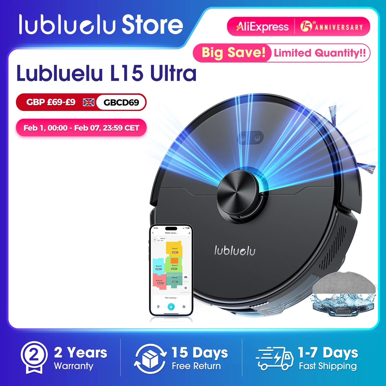 Lubluelu L15 Ultra  Robot Vacuum Mop Combo 5500Pa Robot Vacuum Auto-Charging  5 Maps 24 No-go Zones 3 In 1 Robot Vacuum Cleaner