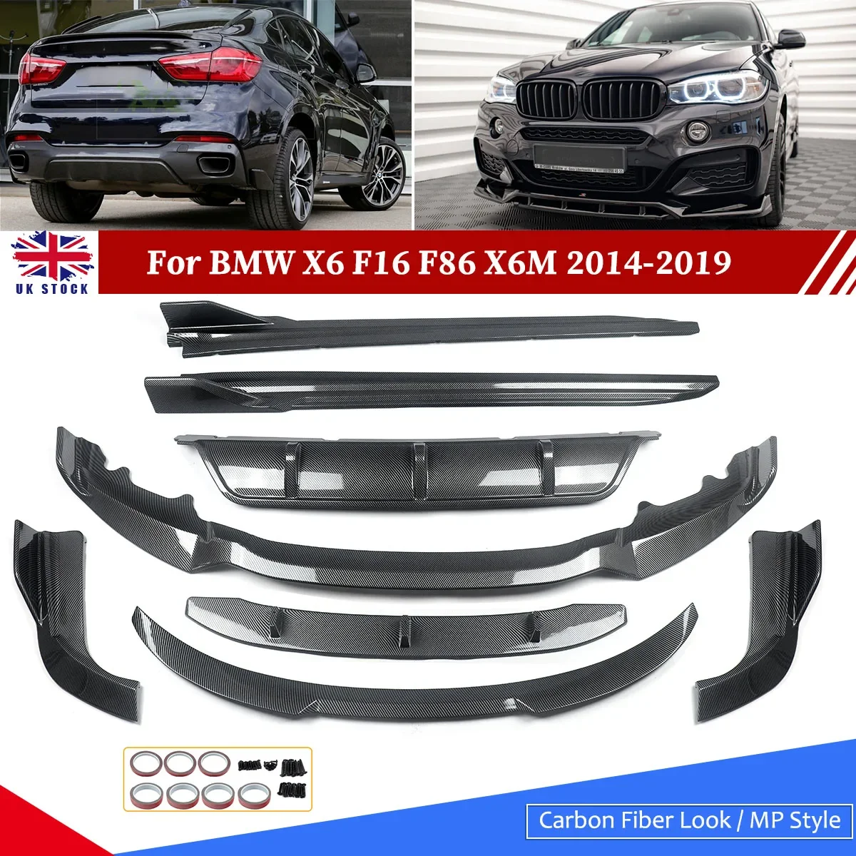 Body Aero Kit For 2014-19 BMW X6 F16 Front Lip Rear Diffuser Spoiler Carbon Look