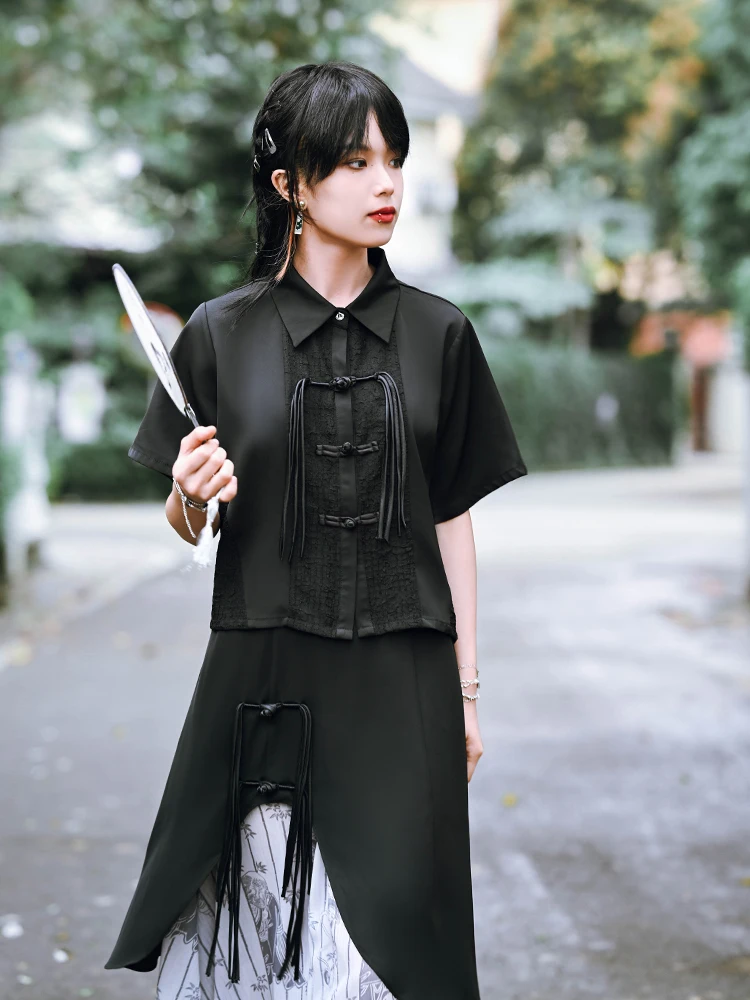 New Chinese Style National Style Han Elements Black Suit Tassels T-shirt Shirt Skirt High Waist Printing Long Skirt A-line Skirt