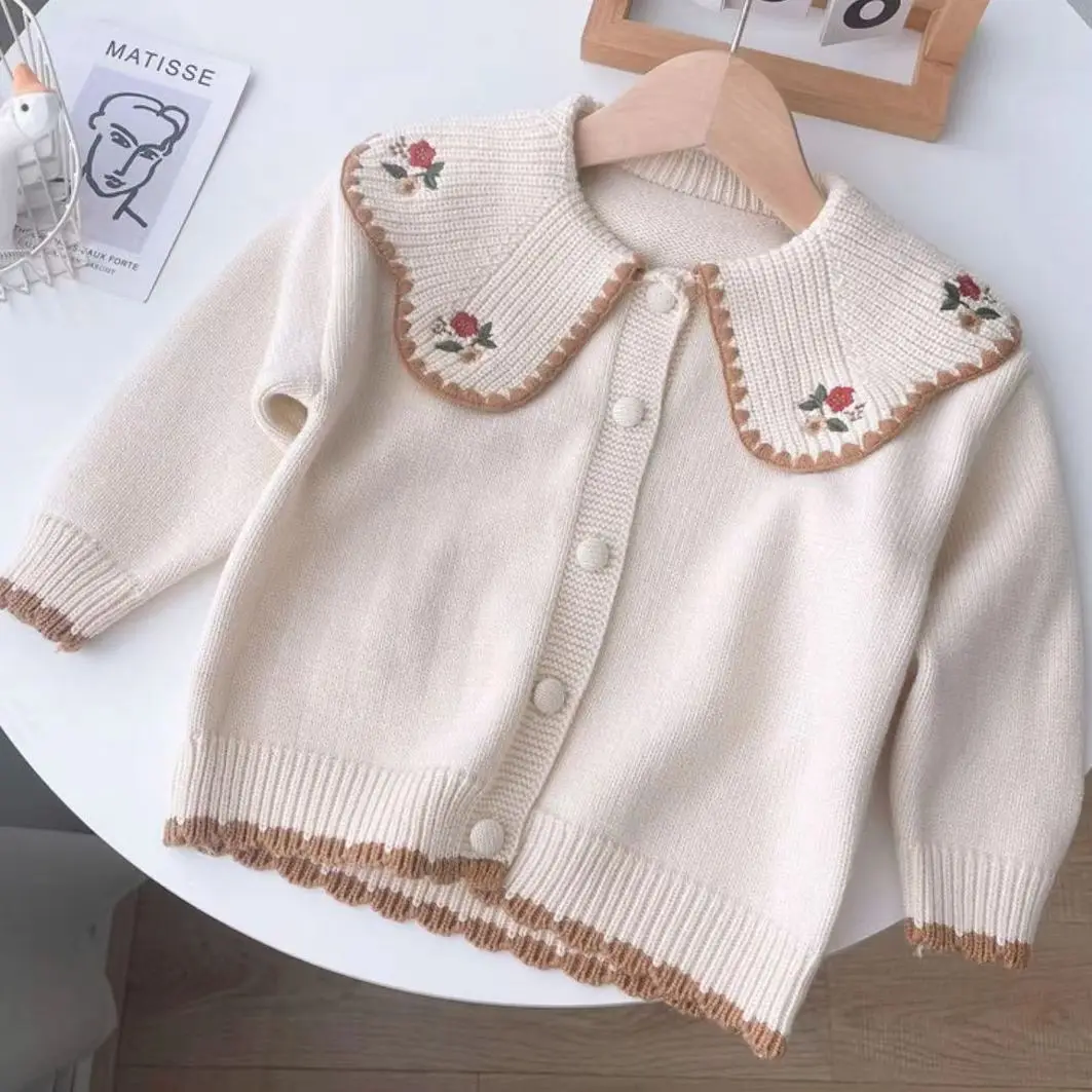 Baby Girls Sweater Fashion Petals Collar Knitted Cardigan Knitwear Children Embroidery Coat Princess Girls Autumn Winter Sweater