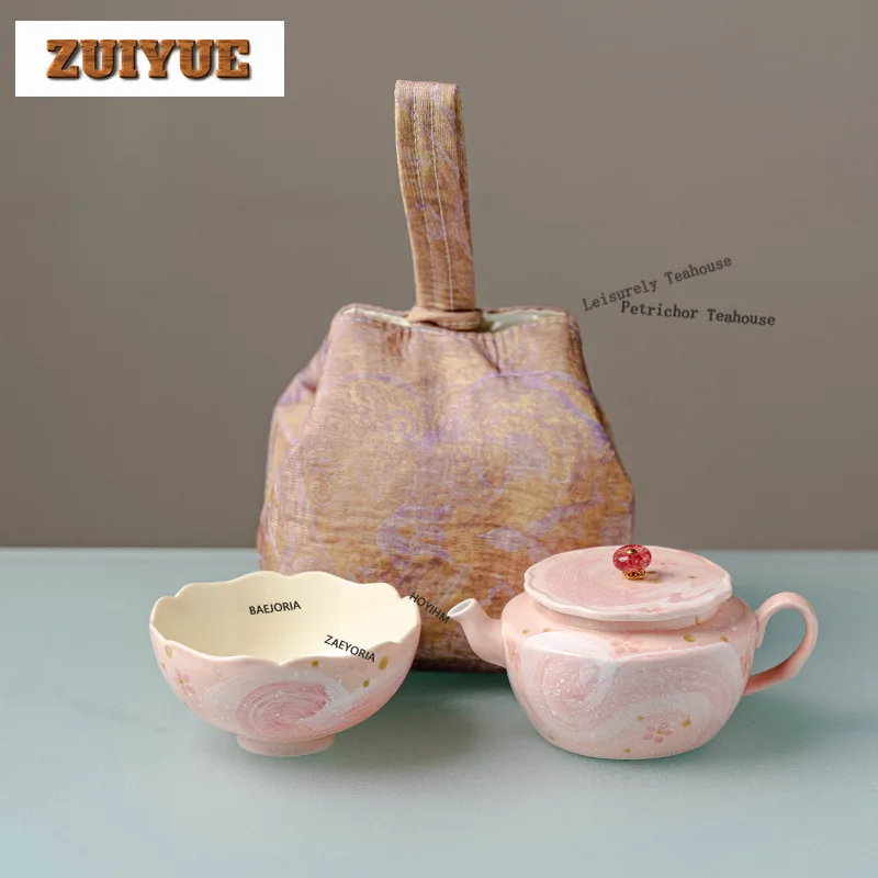 HOYIHM Hand-painted Pink Mist Starry Sky Travel Tea Set Kit Elegant 1 Pot 1 Cup Tea Maker Organizer Portable Outdoor Handbag