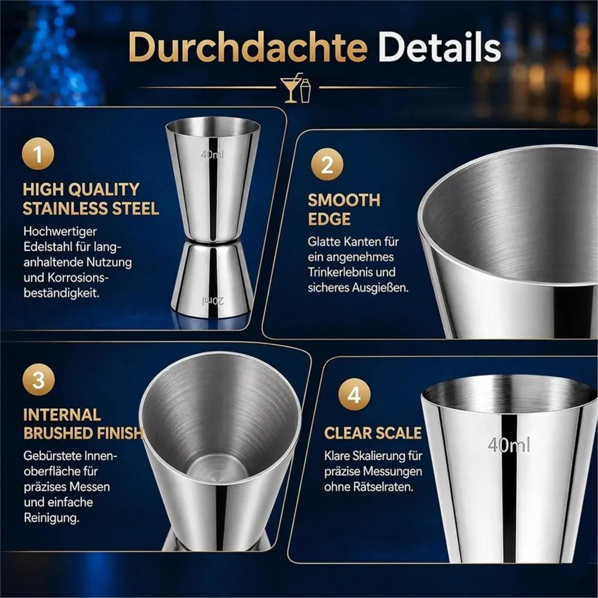Cocktail Measuring Cup 3cl/4cl/5cl/6cl Double Size,Stainless Steel Cocktail Jigger Bar with Pourers,for Bar Party Home