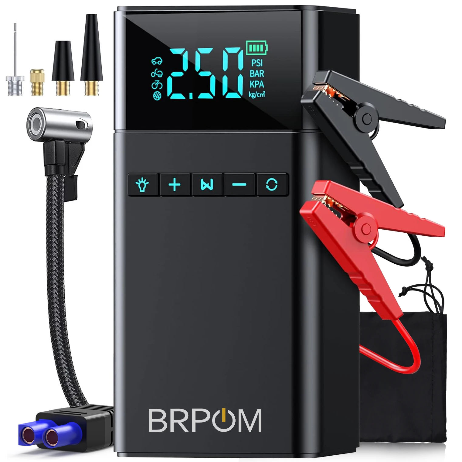 

8500A/9000A peak current, 150 PSI multi-functional portable car battery starter, compressor, and air injector/portable compressor with LED display (ALL GAS, 8.0L diesel)