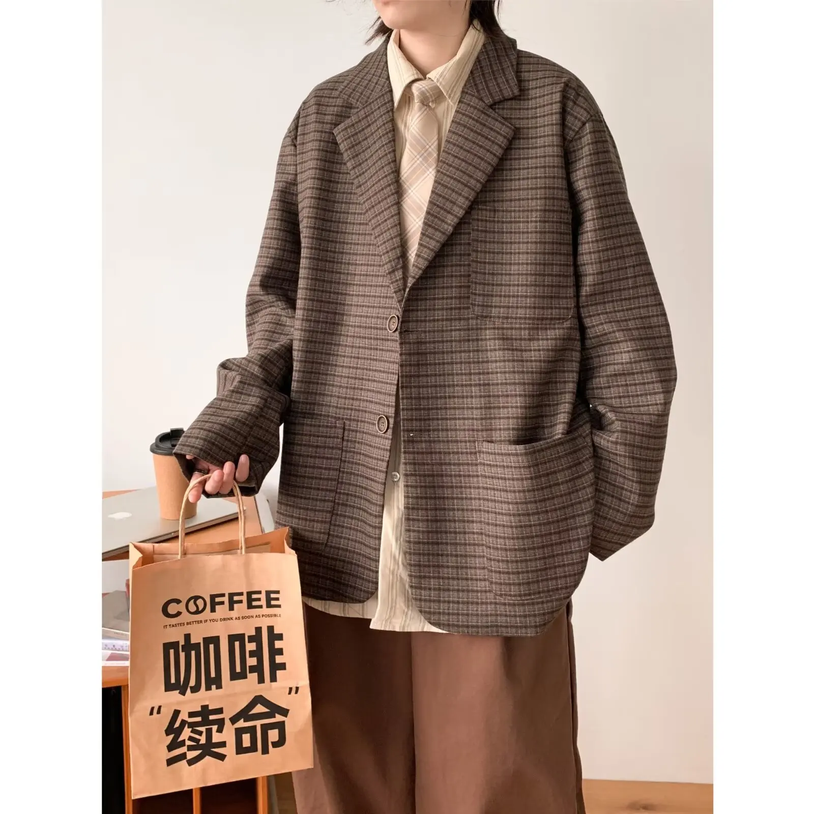 SuperAen Korean Style Women's Loose Casual Spring and Autumn New Oversize Vintage Plaid Long-sleeved Suits