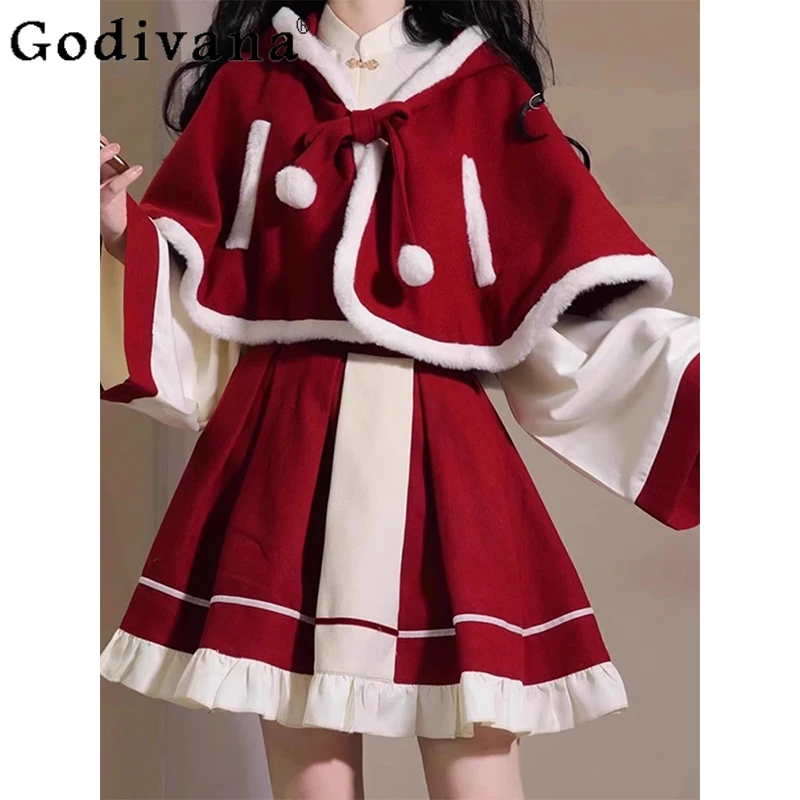 Women's Cos Costume Christmas Lolita Red Cape and Shirt Skirt Set Student Kawaii Cute Sweet Three-piece Set Winter New 2024