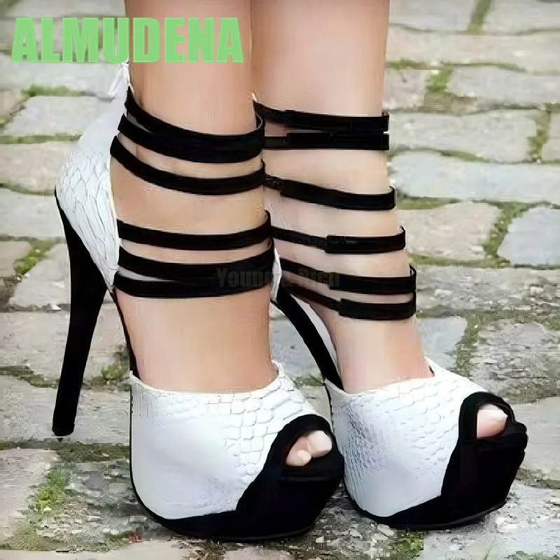 

Fish Mouth Strap Sandals Fashionable Belt Decoration Multi-Color Leather Splicing Zipper Design Temperament Slim High Heels