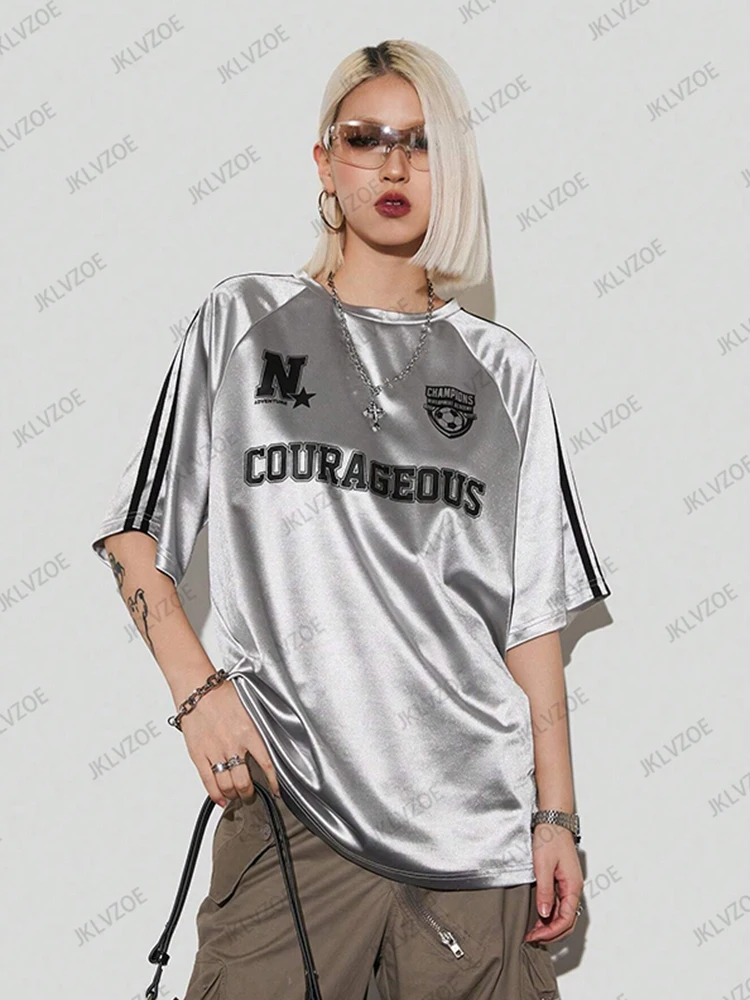 2025 Summer Los Angeles Print T-Shirt For Women Pink Patchwork Short Sleeve Mesh Sports Football Jersey Y2K Loose Oversized Tops