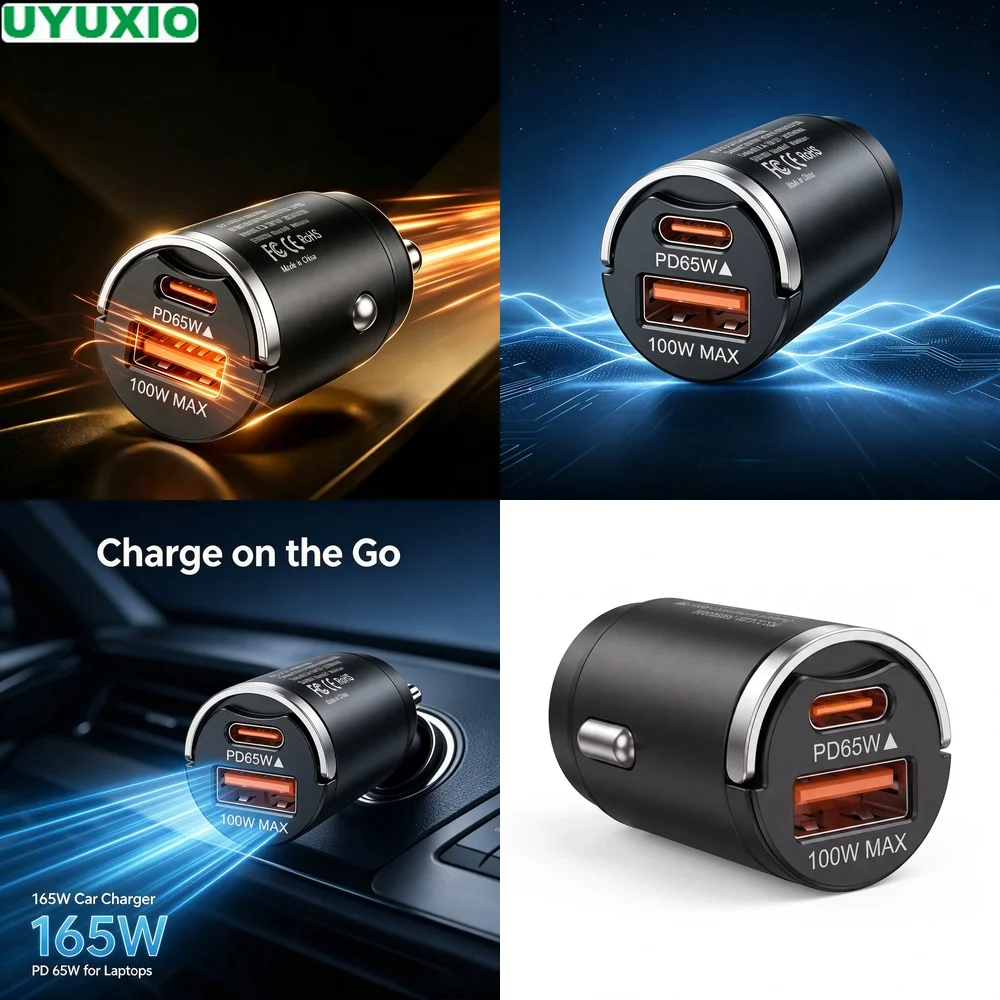 165W Compact Metal Car Charger PD 65W Type C and 100W USB A Power for Mobile Devices and Laptops Low Profile Zinc Alloy Design