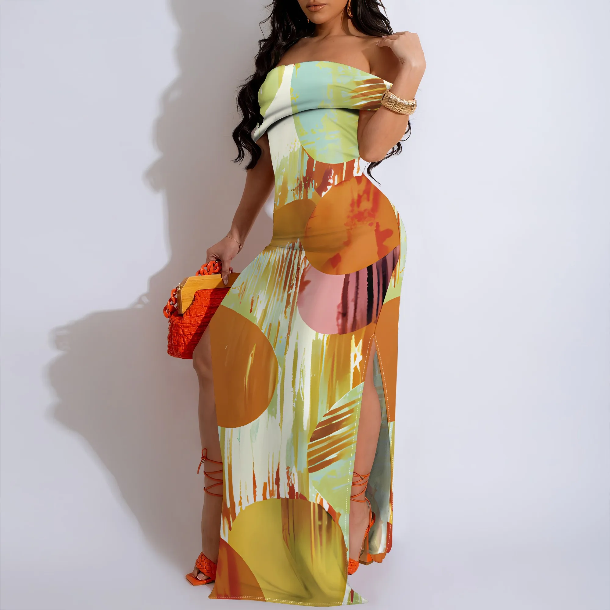 

Womens Sexy Casual Dresses for Curvy Women 3D Printed halterneck dress Short Sleeve Off-shoulder Splits On Both Sides Maxi Dres