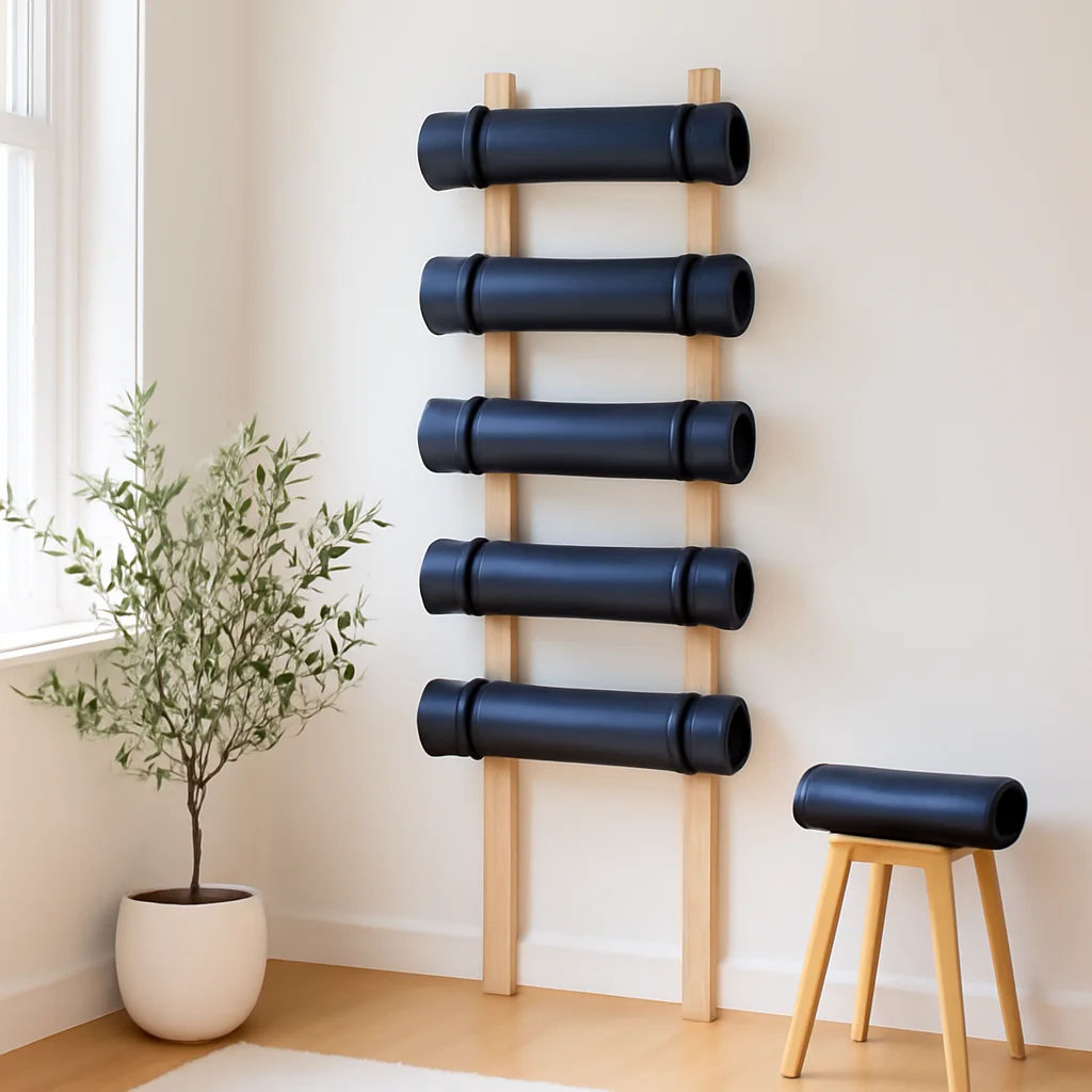 

Solid Wood Yoga Mat Storage Organizer Fitness Equipment Wall Foam Shaft Yoga Studio Storage Shelf Pilates Storage Rack