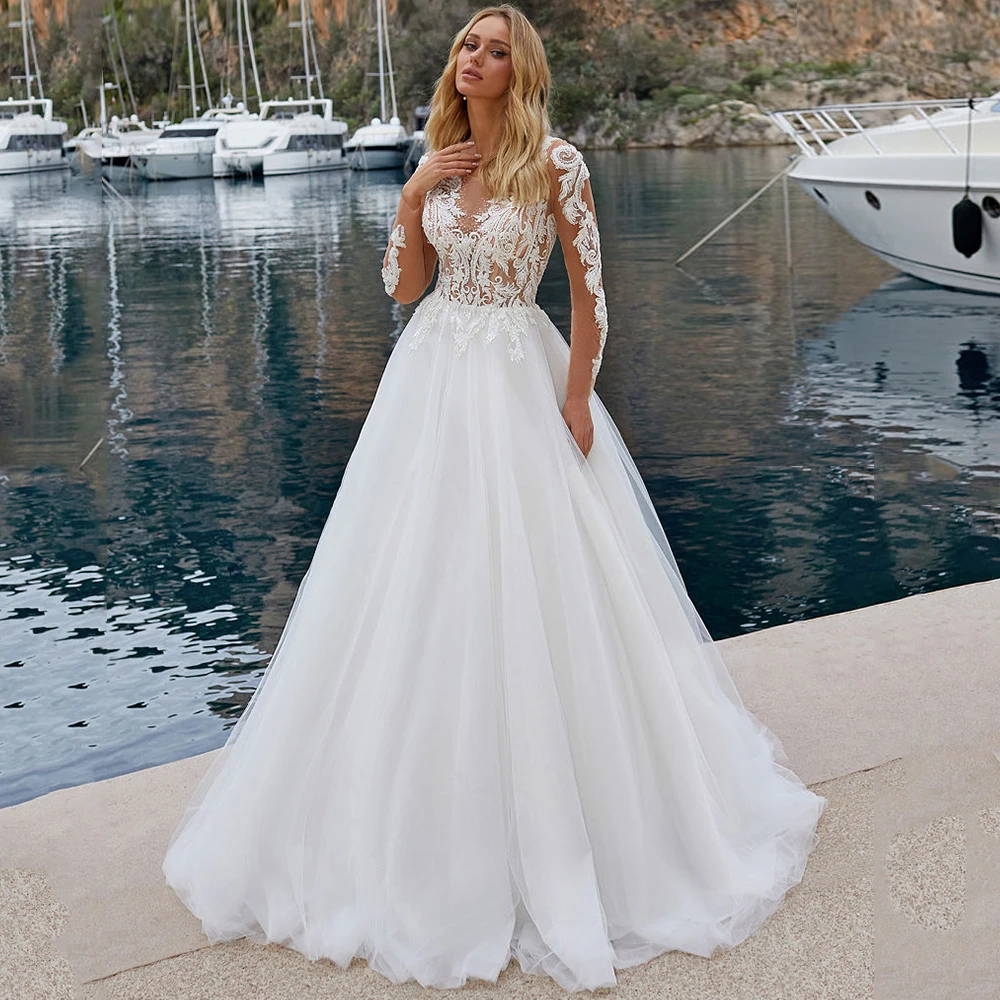 

Customized Classic See Through O-Neck Wedding Dress Long Sleeves Appliques A-line Bridal Gowns with Button Back Sweep Train 2025