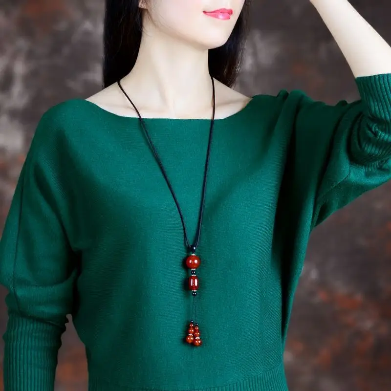 Natural Red Agate Woolen Chain Necklace Long Pendant Simple Exquisite Chinese Ethnic Style All-Match Jewelry Set Women's