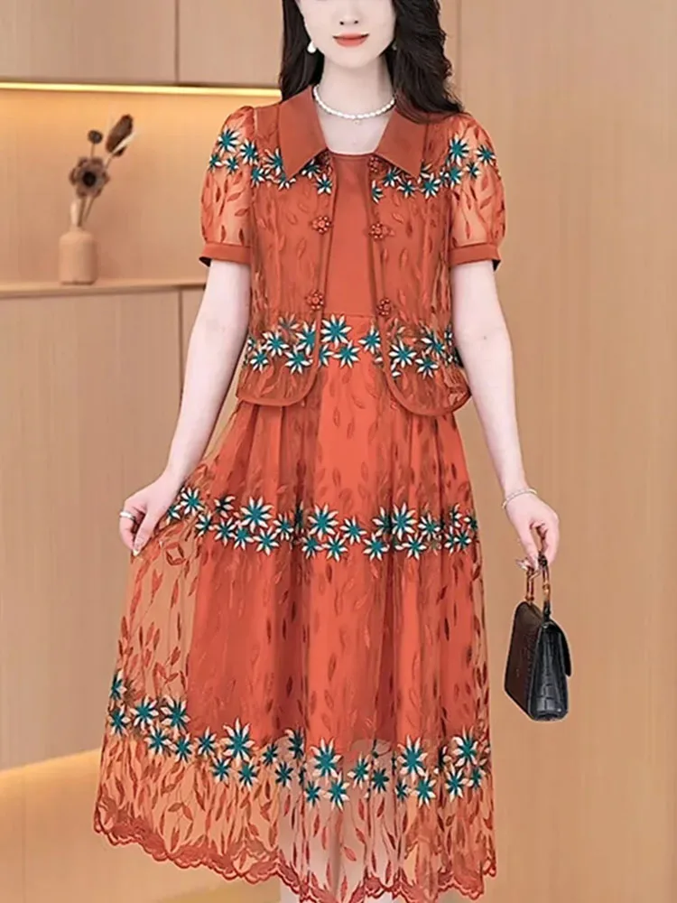 Two-piece Gauze Embroidered Dress Ladies 2024 Summer New Fashion Western Style Shawl Coat Cover Belly Slim Floral Skirt Trend