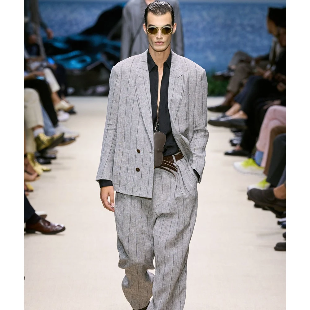 

Simple Light Double-Breasted Men's Dark Gray Pinstripes Suit 2 Piece Jacket Pant Set Peak Lapel Loose Fit Office Party Male