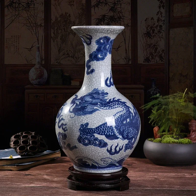 Antique Jingdezhen Chinese Ceramic Vase Crackle Glaze Blue Dragon Porcelain Vase Flower Receptacle Traditional Chinese Decor