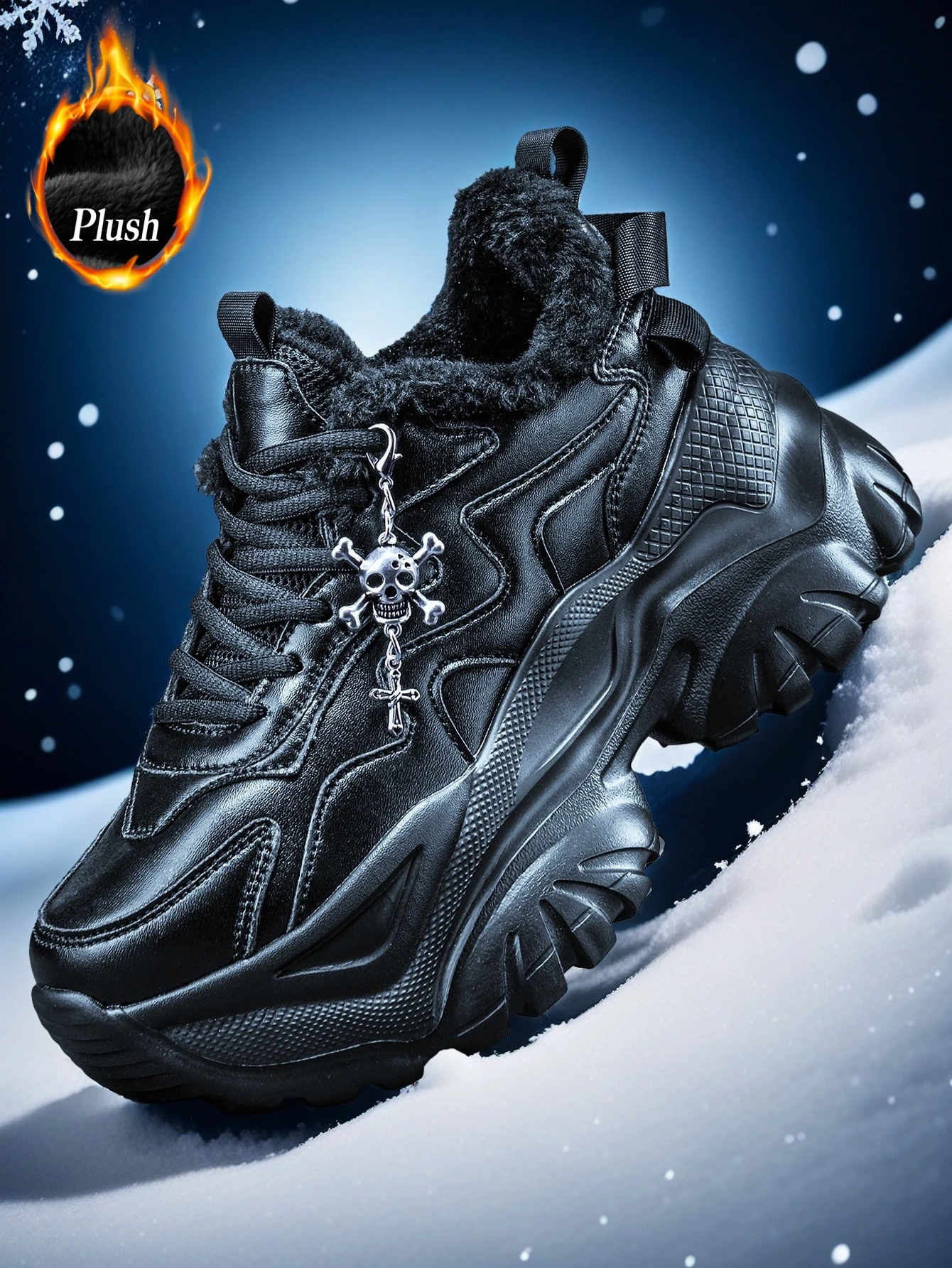 Schwarze vulkanisierte Schuhe im Y2K-Sweet-Cool-Stil für Damen, leichte Eva-Sneaker mit dicker Sohle und 7 cm Absatzhöhe, mit abnehmbarem silberfarbenem Kreuz-Schädel-Anhänger, geeignet für Outdoor-Winterwärme – Detail 3