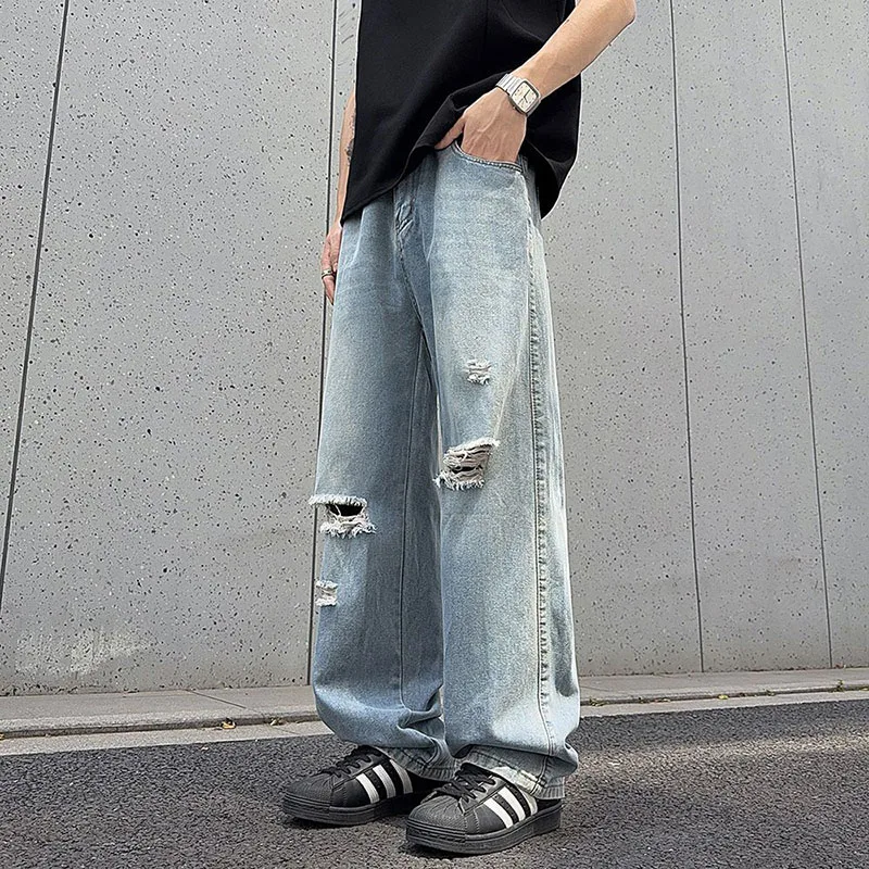 

Men Fashion Ripped Design Wide Leg Jeans Male Loose Straight Leg Casual Denim Pants Daily Commute Versatile Trousers Women