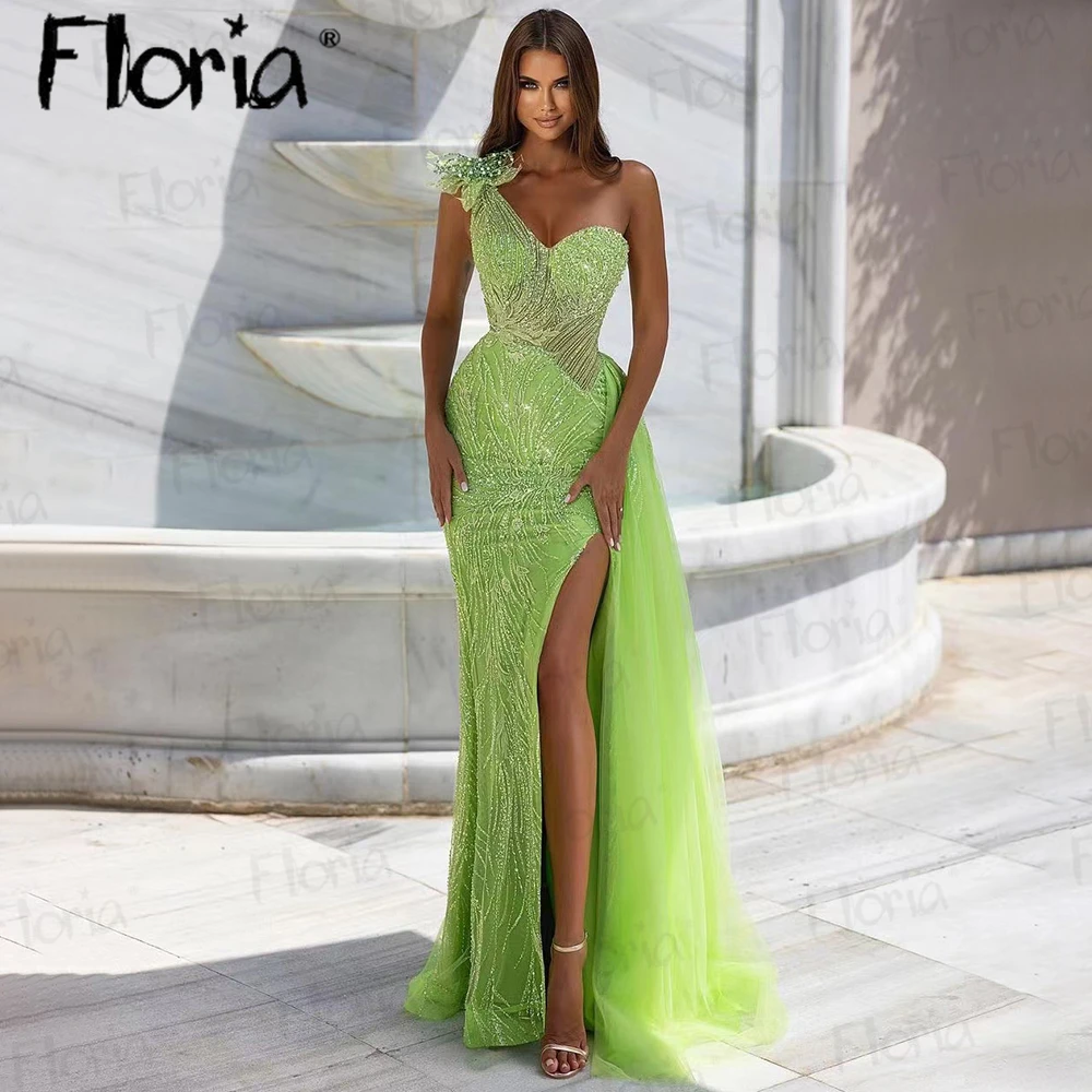 Dubai One Shoulder 3D Flower Party Dress Green 2023 Luxury Evening Dress With Side Train Custom Women Celebrity Occasion Dress