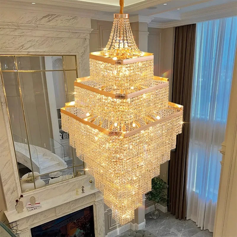Luxury Multi-Layer Crystal Chandelier, Gold Square Fixture, Staircase Villa Living Room Pendant Light, Vintage Home Decor Lamp