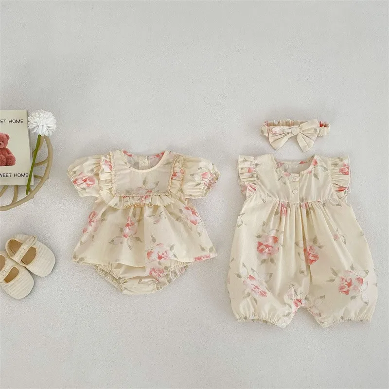 2024 Summer New Baby Lace Collar Broken Flower Romper Girls Short Sleeve Tops + Shorts Clothing Set Children Cotton Clothes