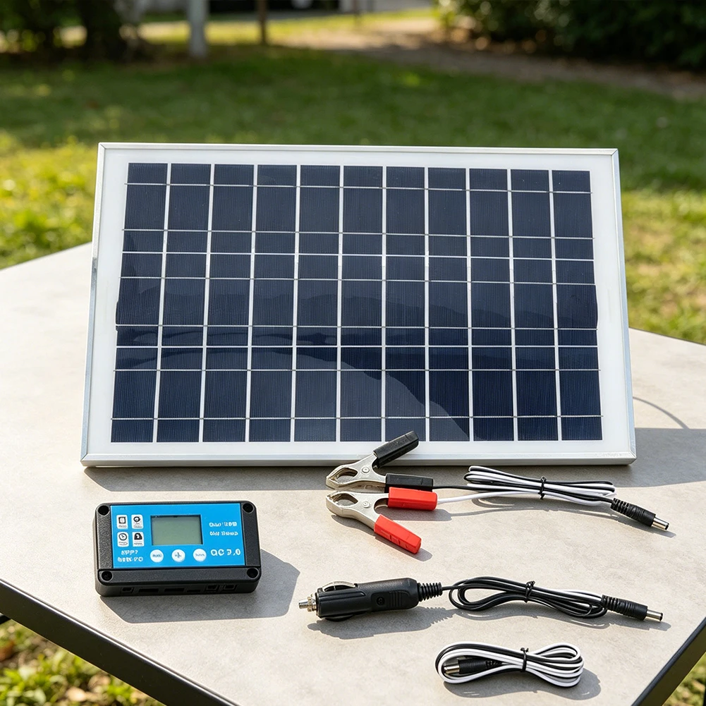 20W 6V Solar Panel for RV Boat Motorcycle with Dual USB Ports and DC5521 Output Portable Polycrystalline Panel 35x28cm
