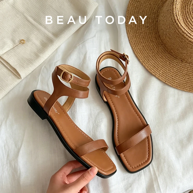 

BEAUTODAY Gladiator Sandals Women Genuine Leather Ankle Wrap Strap Outdoor Summer Beach Flat Ladies Shoes Handmade 32437