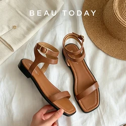 BEAUTODAY Gladiator Sandals Women Genuine Leather Ankle Wrap Strap Outdoor Summer Beach Flat Ladies Shoes Handmade 32437