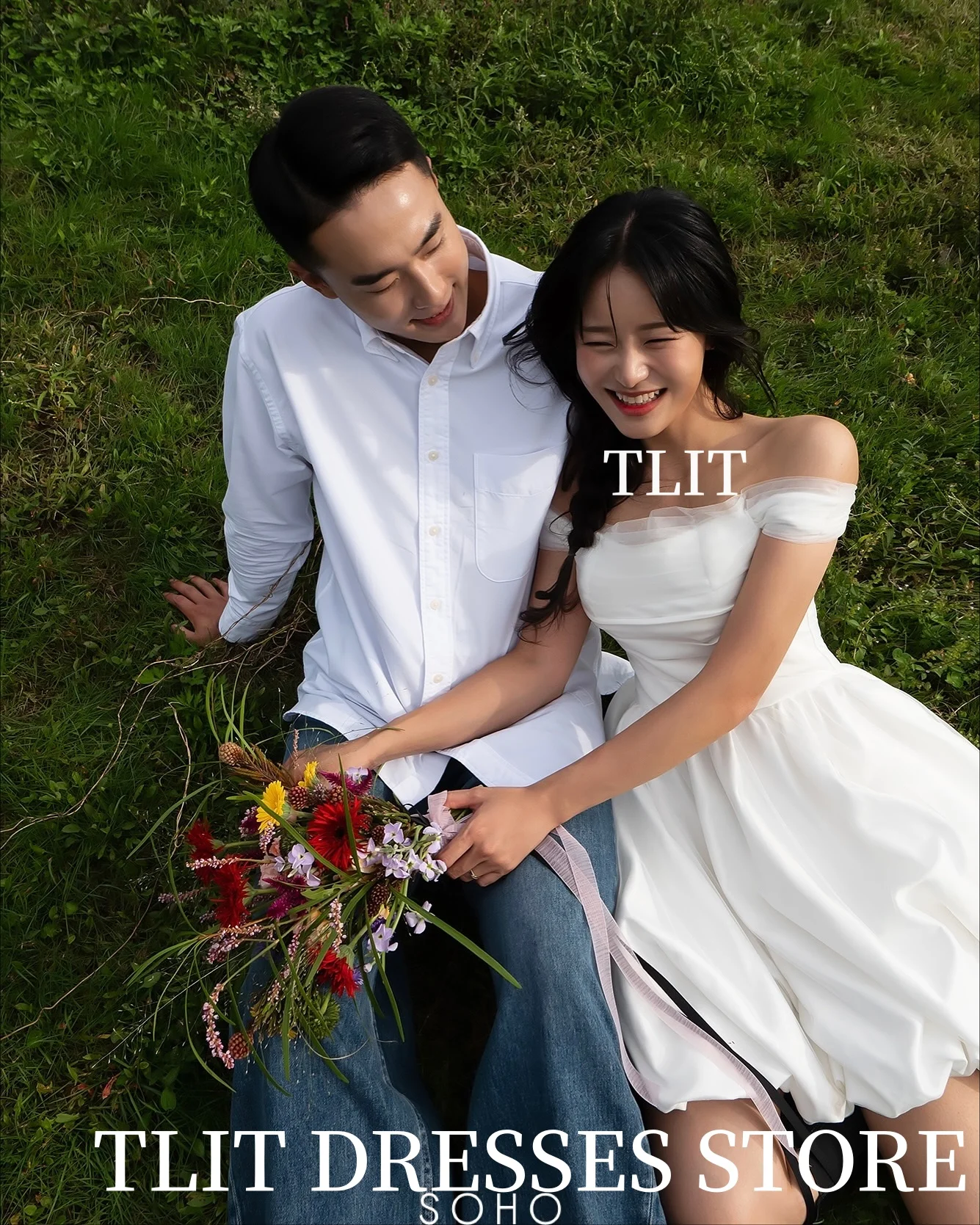 Tlit elegante branco curto seda cetim vestido de casamento fora do ombro vestido de baile coreia vestido de noiva fotos sessão personalizado