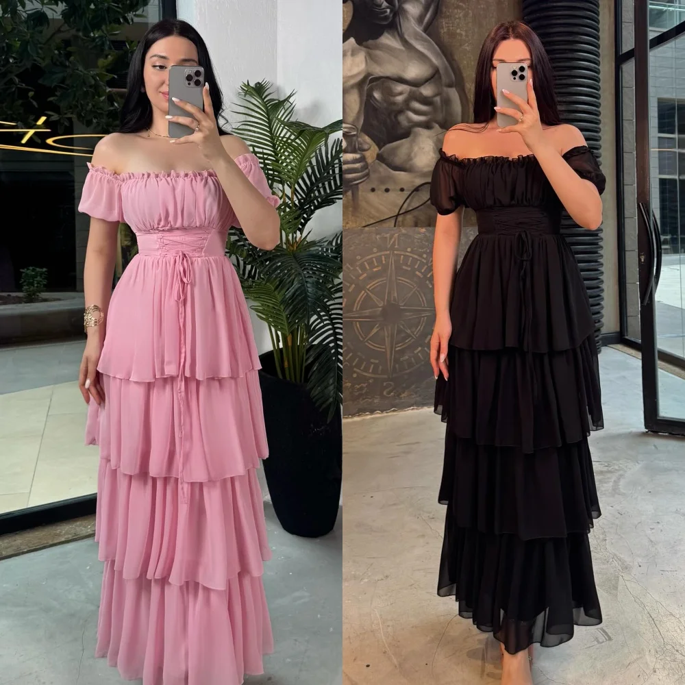 

Customized Simple Sizes Available Pleat Ruched Tulle A-line Off-the-shoulder Long Dresses Bespoke Occasion Dresses Exquisite