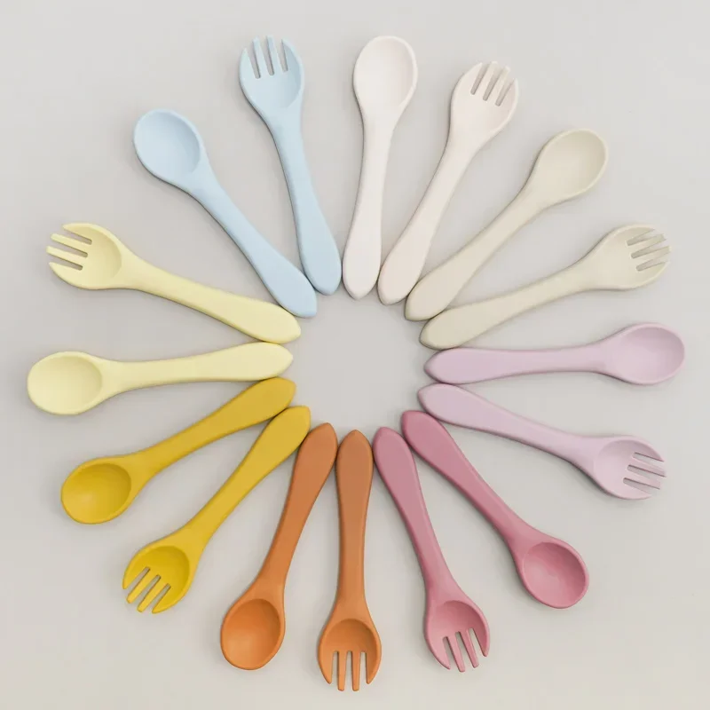 2PCS Food Grade Silicone Baby Spoon Fork Children Silicone Tableware Spoon Baby Food Supplement Fork Spoon Set Baby Tableware