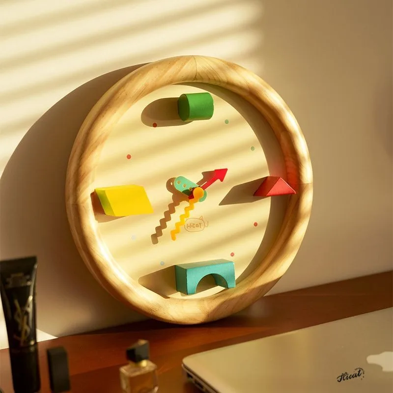 

Cute Solid Wood Building Block Silent Wall Clock - Stylish Instagrammable Wall Decor for Living Room, Bedroom, and Dining Room