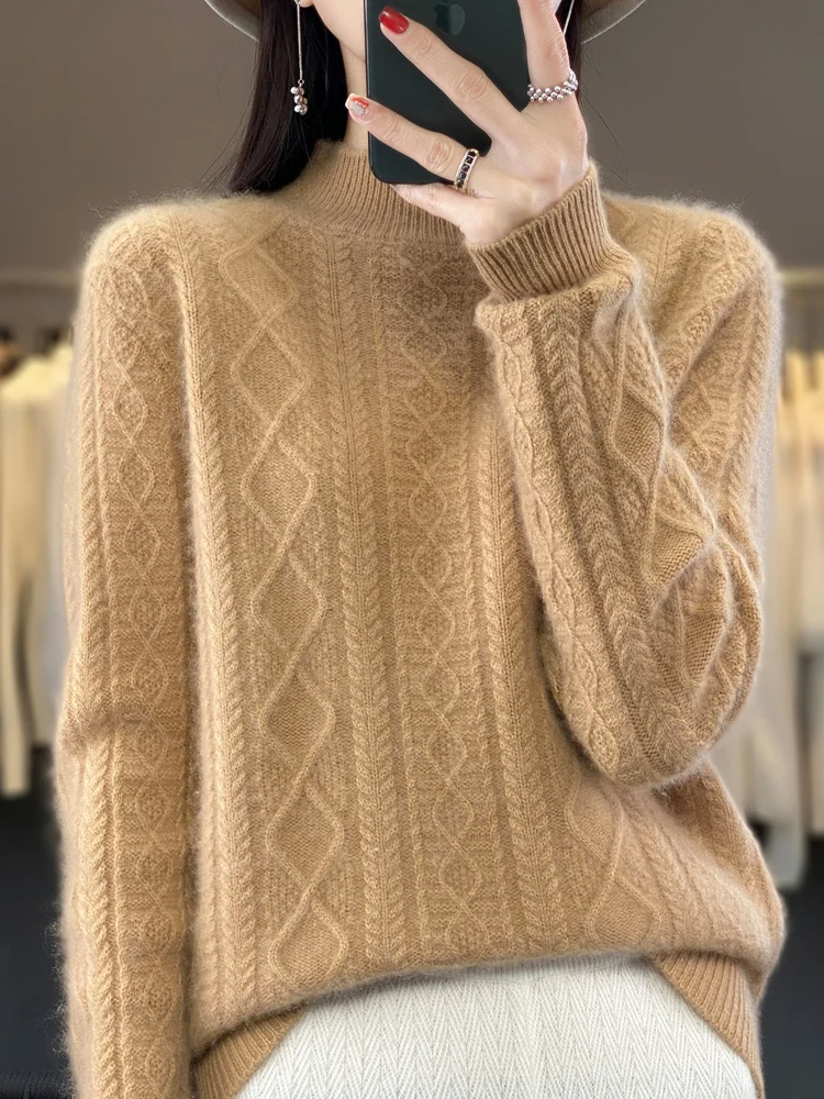 Addonee Autumn Winter Women Cashmere Sweater 100% Merino Wool Pullover Mock Neck Knitwear Soft Thick Warm Jumpers Top Clothing