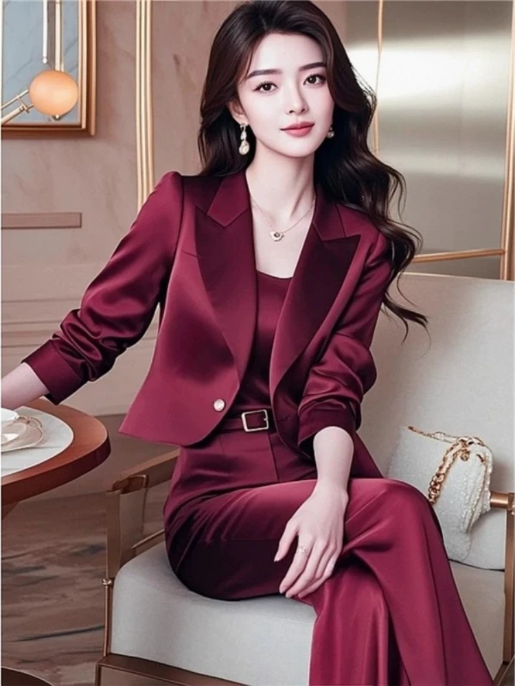 Premium Burgundy Trousers With Tailored Blazer And Leather Belt For Professional Office Wear In Early Autumn Complete Suit Set