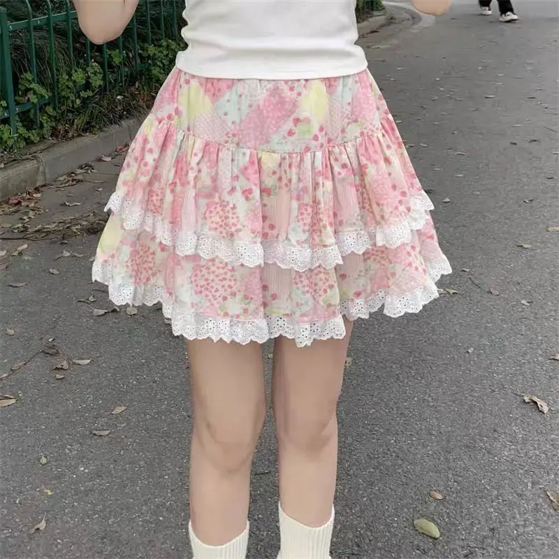 Mini Cake Skirts Women Pink Sweet Kawaii Floral Print Lace Ruffles Cutecore Japanese Style Y2k Elastic Waist Pleated Summer Chic