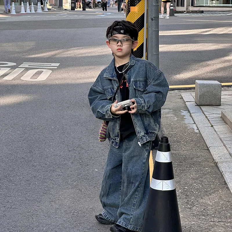 Boys Clothes Suit Do Old Cowboy Stand Collar Set 2024 Autumn Children Clothes Hand-painted Waste Soil Korean Style Two-piece Set