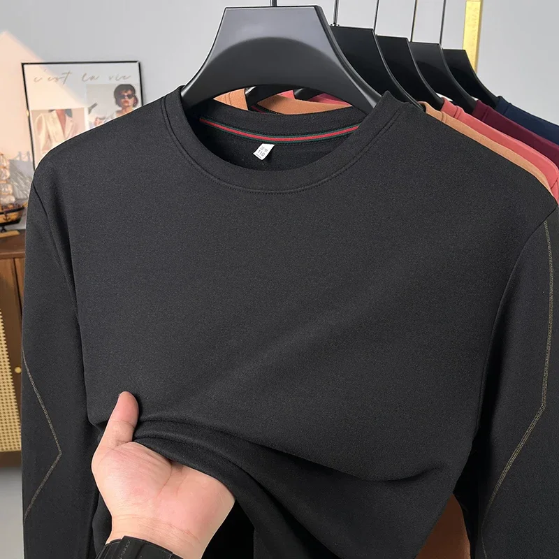Male Loose Fit Crew Neck Long Sleeve Shirt Soft Thermal Knit Decorative Line On Sleeves Everyday Basic Wear