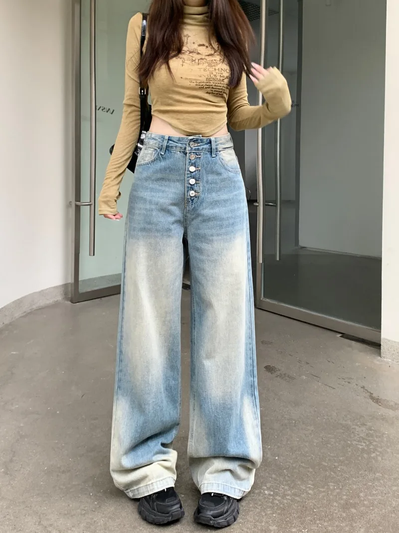 

American High Street Washed Vintage Wide Leg Jeans 2024 Women's Early Autumn New High Waisted Straight Leg Pants Female Clothing