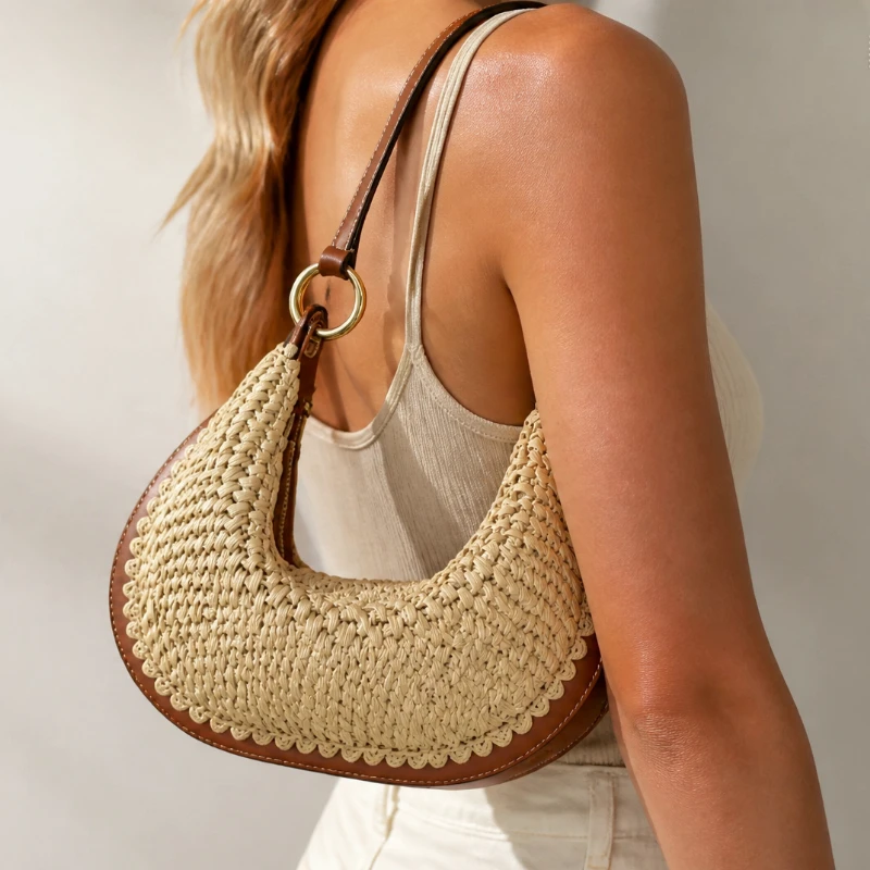 

Straw Hobo Bag Women Crescent Shoulder Bag Leather Trim Woven Rattan Handbag Summer Beach Bag Casual Tote Bag for Vacation