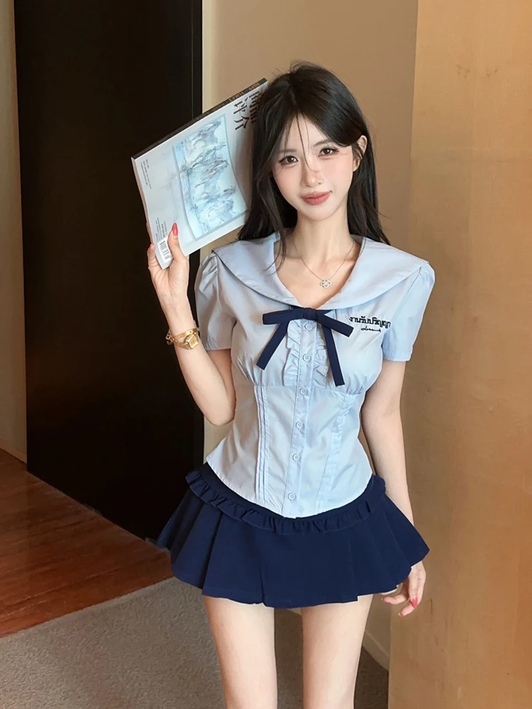 

College Style Pure Desire Age Reduction JK Uniform Set Doll Collar Shirt High Waist Pleated Skirt Fashionable Two-Piece Set