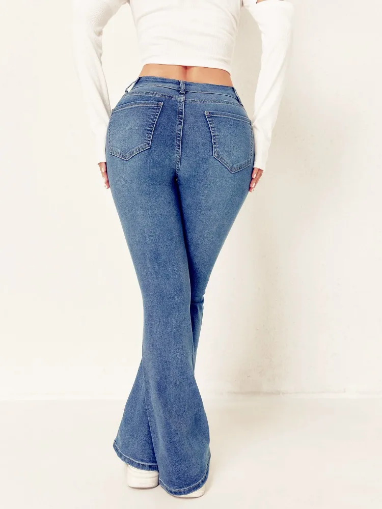 Blue Slim Fit Casual Stretch Denim Pants High Waist Double Buckle Flare Jeans Women's Fashion Trend European Style Long Trousers