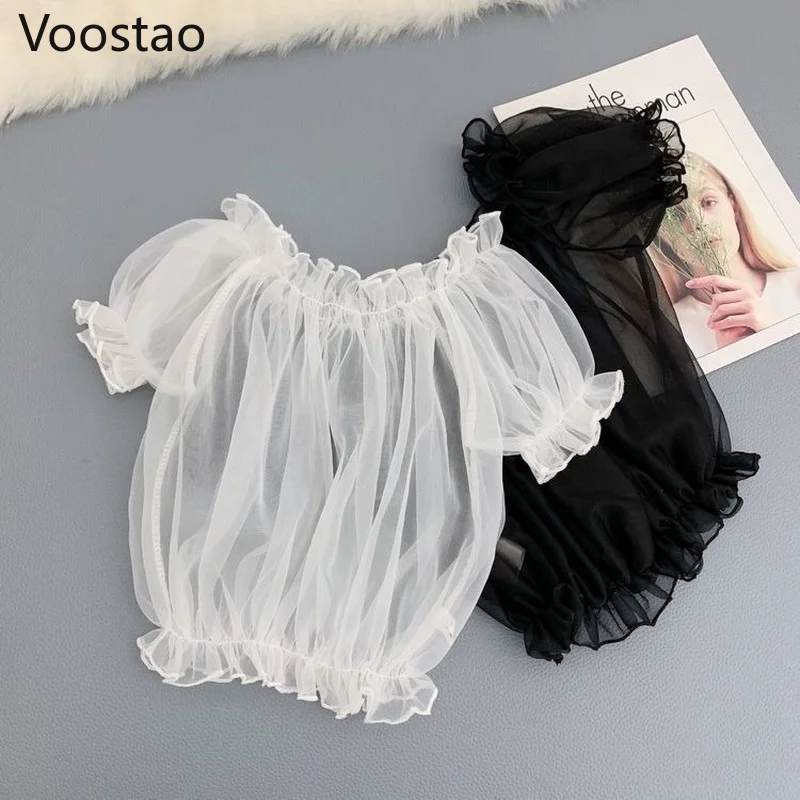 Summer Women Sweet Lolita Style Blouses Kawaii Slash Neck Ruffles Mesh Shirts Female Sexy Cute Short Puff Sleeve Blusas Mujer